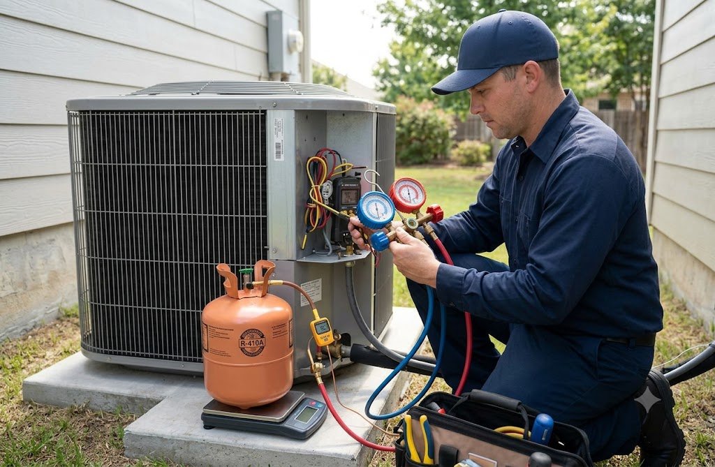 Technician inspecting a high efficiency residential furnace
